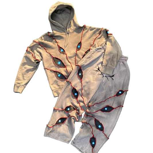 Street Spoof Dark Demon Eye Print Pants & Hoodie Set – Loose Warm Streetwear