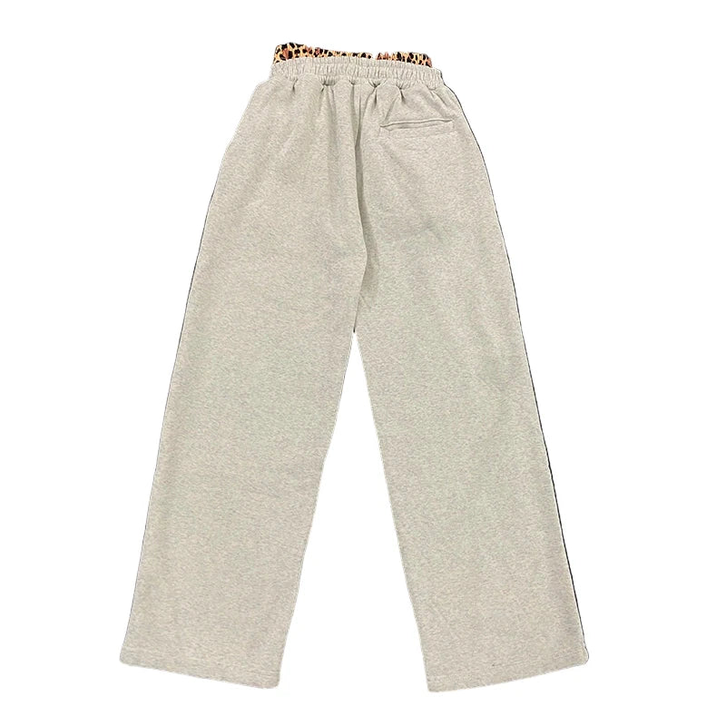 Leopard Print Letter Embroidered Double Waistband Sweatpants
