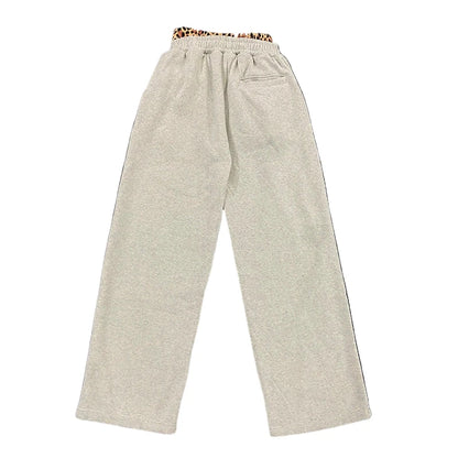 Leopard Print Letter Embroidered Double Waistband Sweatpants