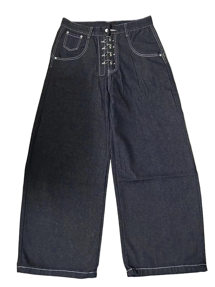 Women’s Metal Buckle Design Curved Wide-leg Jeans High Waist Straight Pant