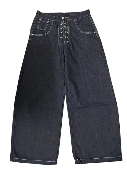 Women’s Metal Buckle Design Curved Wide-leg Jeans High Waist Straight Pant