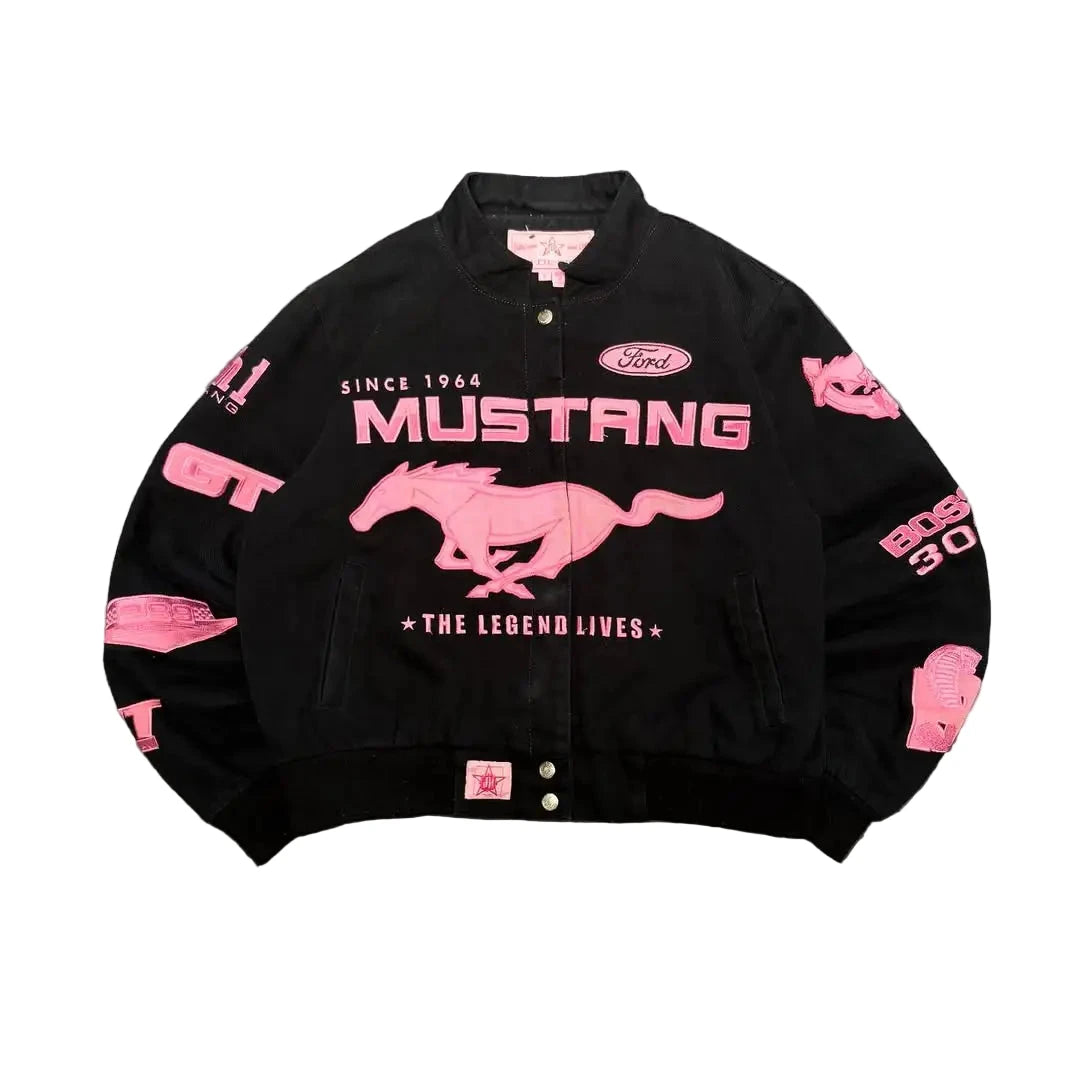 American Pink Horse Pattern Car Jacket for Women – Autumn Winter Harajuku Y2K Bomber