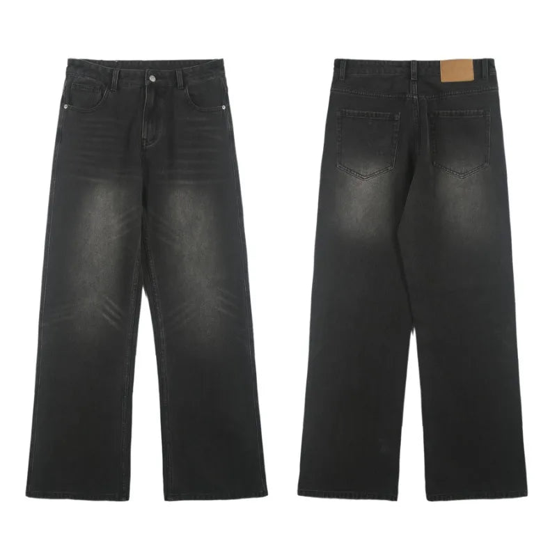 Korean Street Retro Washed Black Loose Straight Cat Whisker Y2K Wide-Leg Jeans - Man