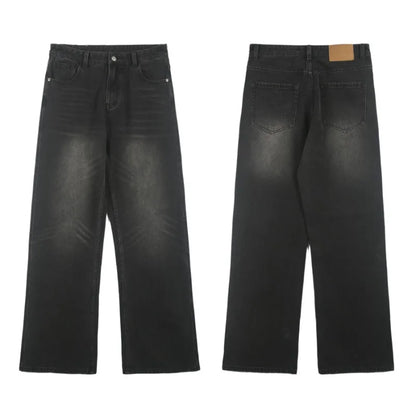 Korean Street Retro Washed Black Loose Straight Cat Whisker Y2K Wide-Leg Jeans - Man