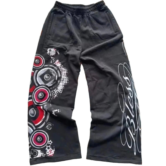 Y2K Retro Graffiti Print Baggy Pants – Unisex Hip-Hop Casual Streetwear Sweats.