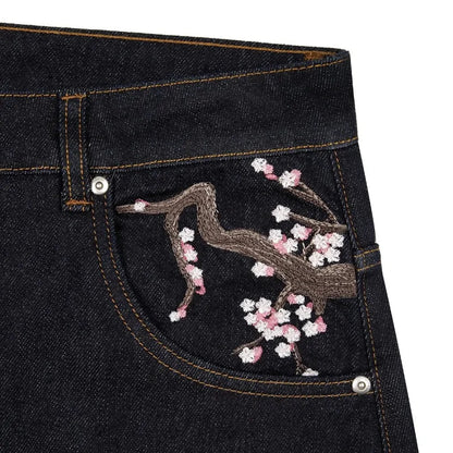 Harajuku Goth Vintage Plum Blossom Embroidered Wide Leg Jeans