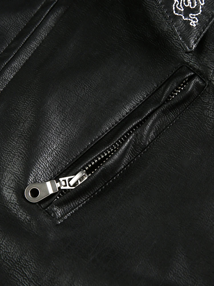 Niche Design PU Leather Jacket Lapel Letter Loose Coat - Man