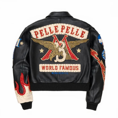 Vintage Embroidered Leather Motorcycle Jacket Hip Hop Y2K Eagle Flame - Man