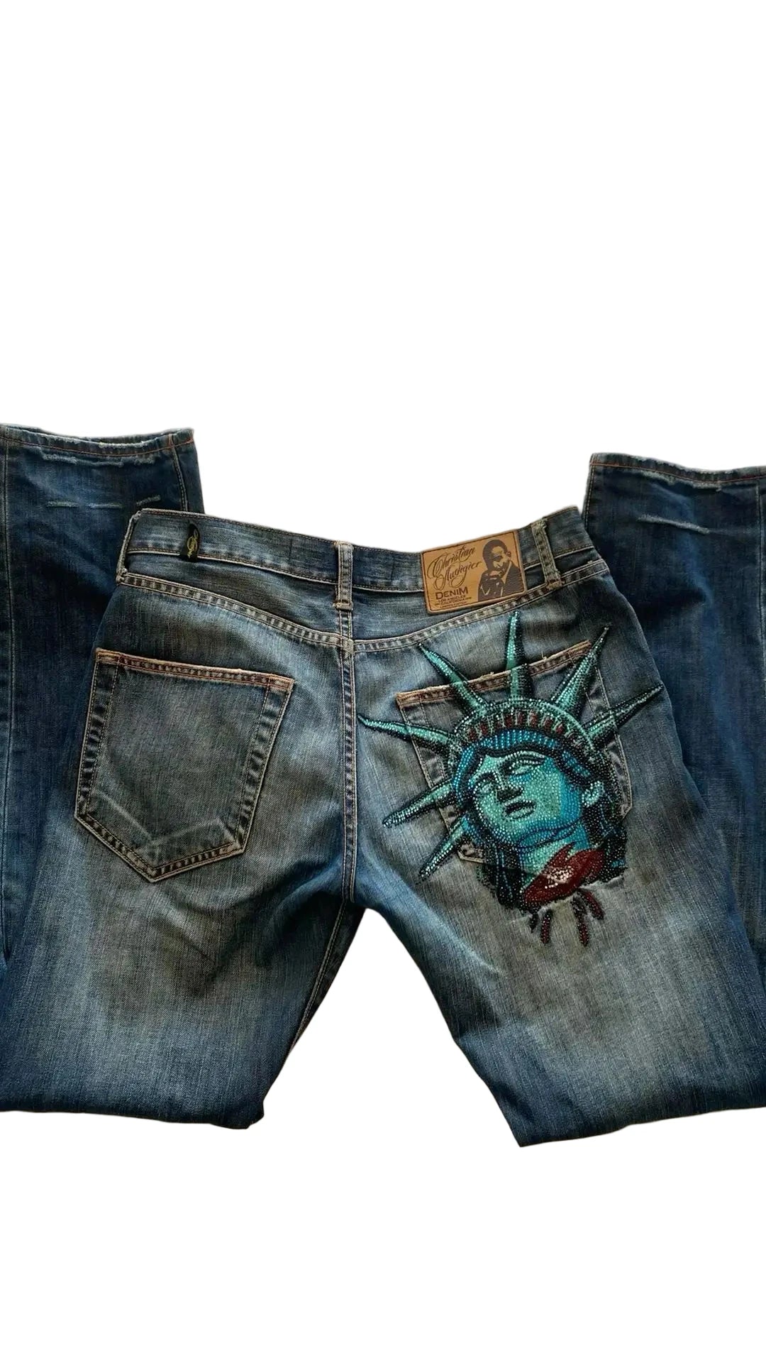 Y2k 2000s Statue of liberty Diamonds Jeans Casual Denim Pants High Waist Straight