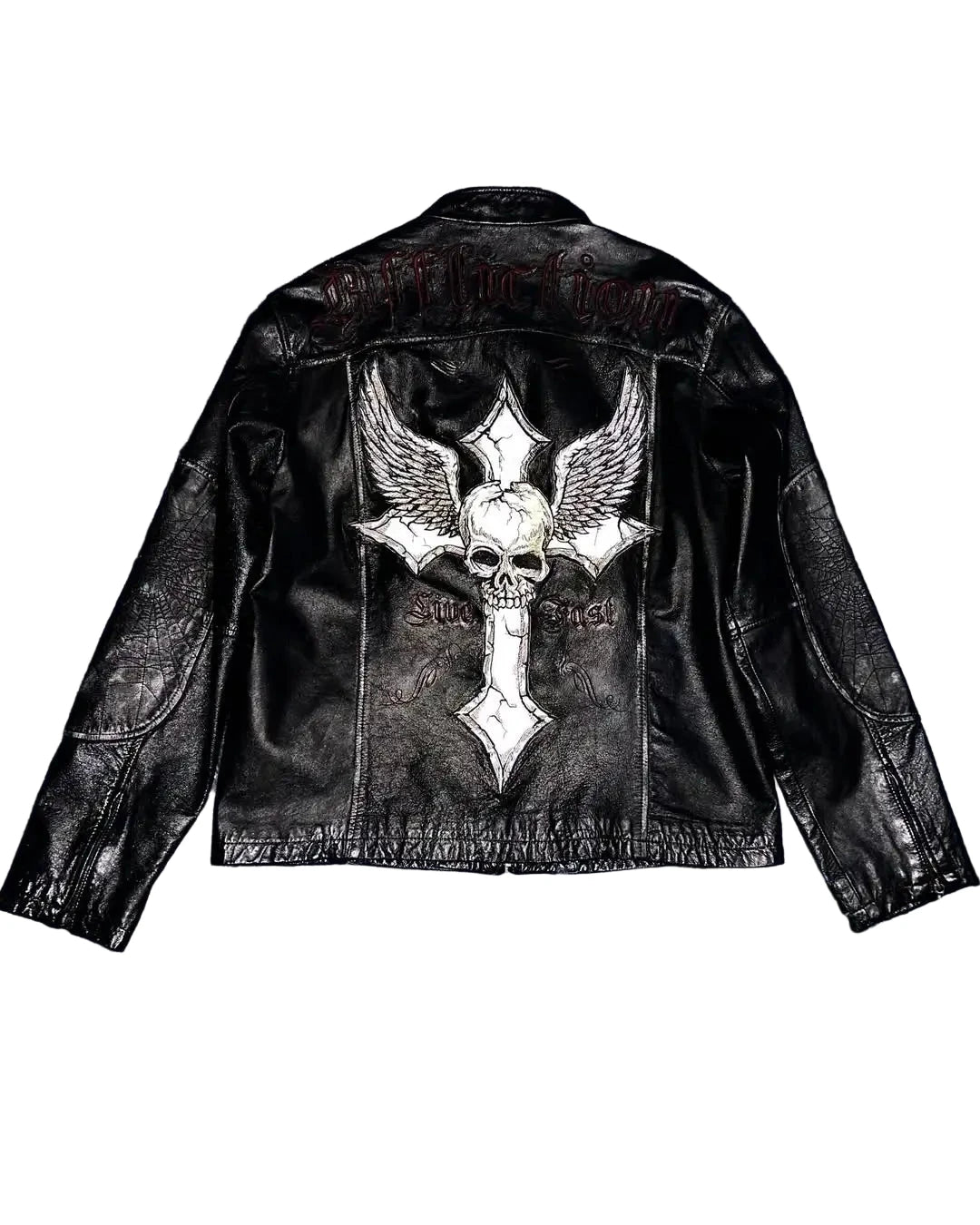Affliction Skull Embroidered PU Leather Jacket Street Hip Hop Long Sleeve - Man