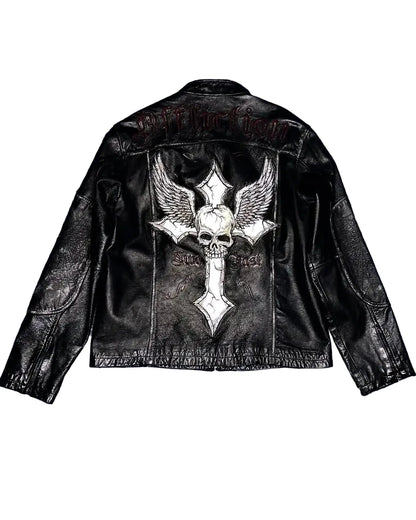 Affliction Skull Embroidered PU Leather Jacket Street Hip Hop Long Sleeve - Man
