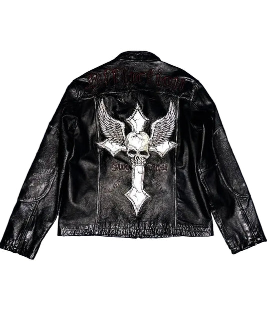 Affliction Skull Embroidered PU Leather Jacket Street Hip Hop Long Sleeve - Man