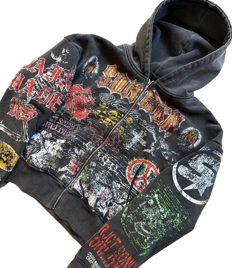American Retro Skull Zip Hoodie – Gothic Punk Y2K Oversized Streetwear Jacket.