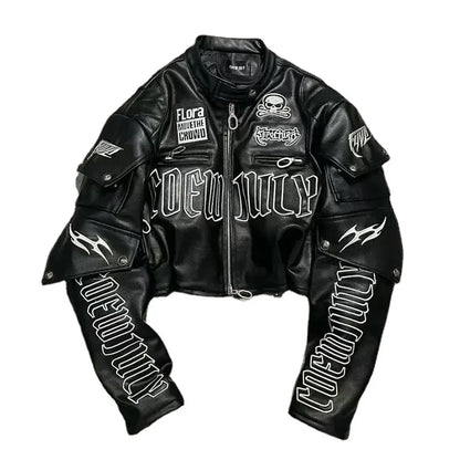 Skull Embroidered PU Leather Motorcycle Jacket – Women