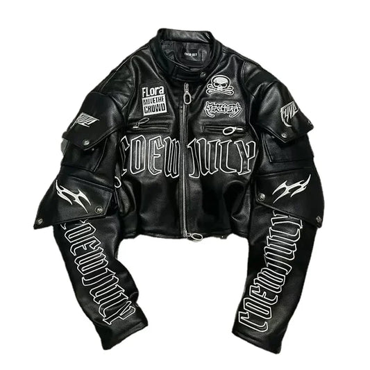 Skull Embroidered PU Leather Motorcycle Jacket – Women