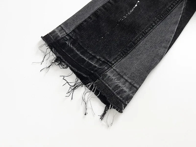 Retro Splicing Washed Jeans - Men’s Hip Hop High Street