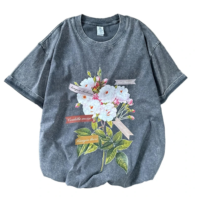 Vintage Flower Graphic T-Shirt – Gothic Men’s Washed Short Sleeve Tee