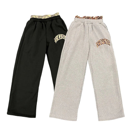 Leopard Print Letter Embroidered Double Waistband Sweatpants