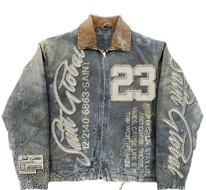 Streetwear Washed Denim Jacket Y2K Hip Hop Letter Graphic Patch Embroidery Oversized Casual Coat - Man