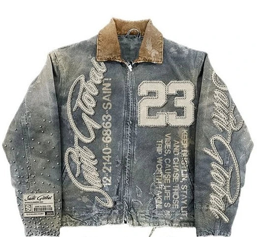 Streetwear Washed Denim Jacket Y2K Hip Hop Letter Graphic Patch Embroidery Oversized Casual Coat - Man