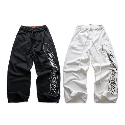 Y2K American Hip-Hop Letter Print Pants – Unisex Retro Loose Wide-Leg Streetwear.