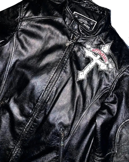 Affliction Skull Embroidered PU Leather Jacket Street Hip Hop Long Sleeve - Man