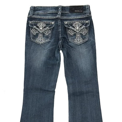 Y2k Retro Gothic High Waited Jeans Hot Diamond Embroidery Pattern Blue Jeans