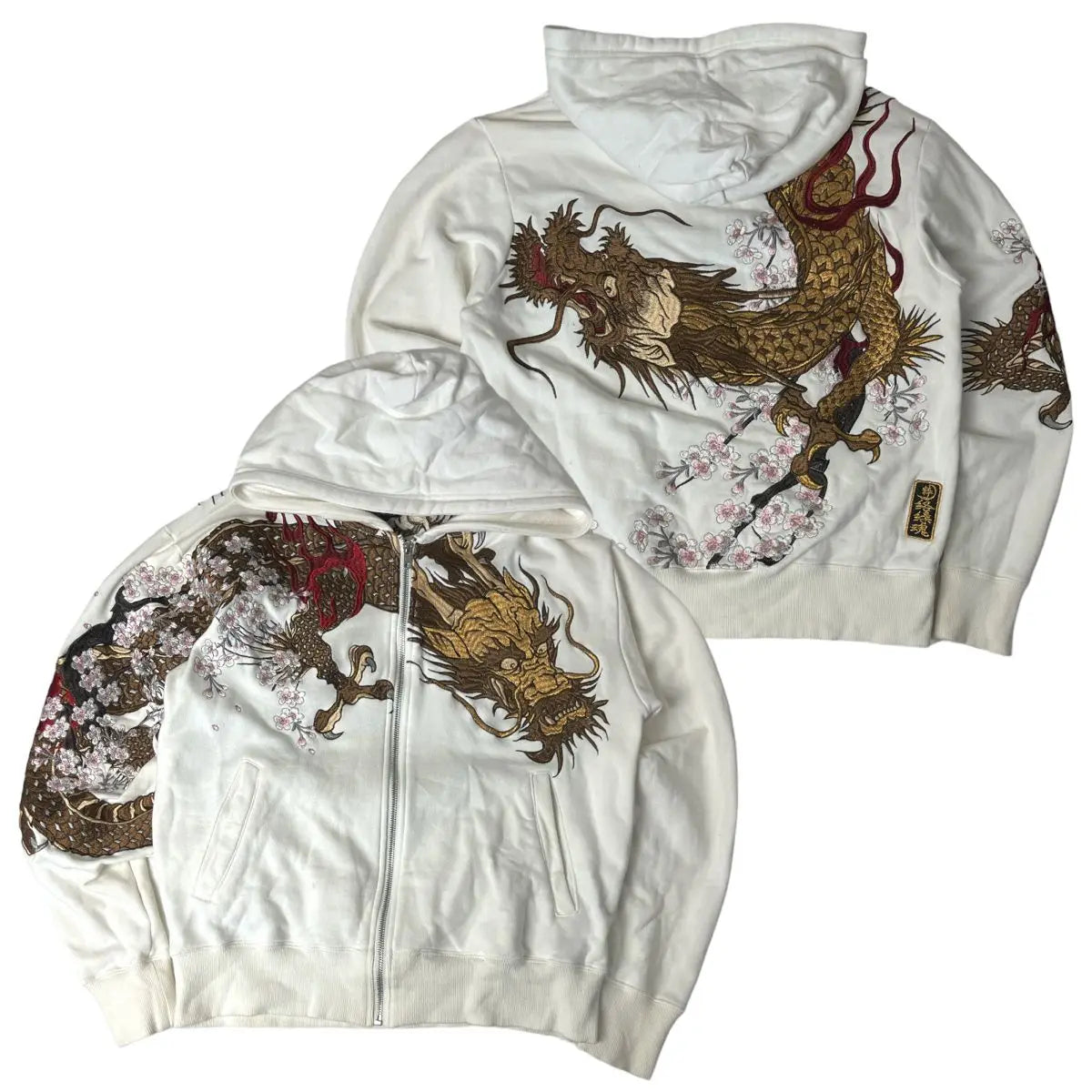 Streetwear Zip-Up Hoodie – Unisex Harajuku Cherry Blossom Dragon Graphic Sweatshirt