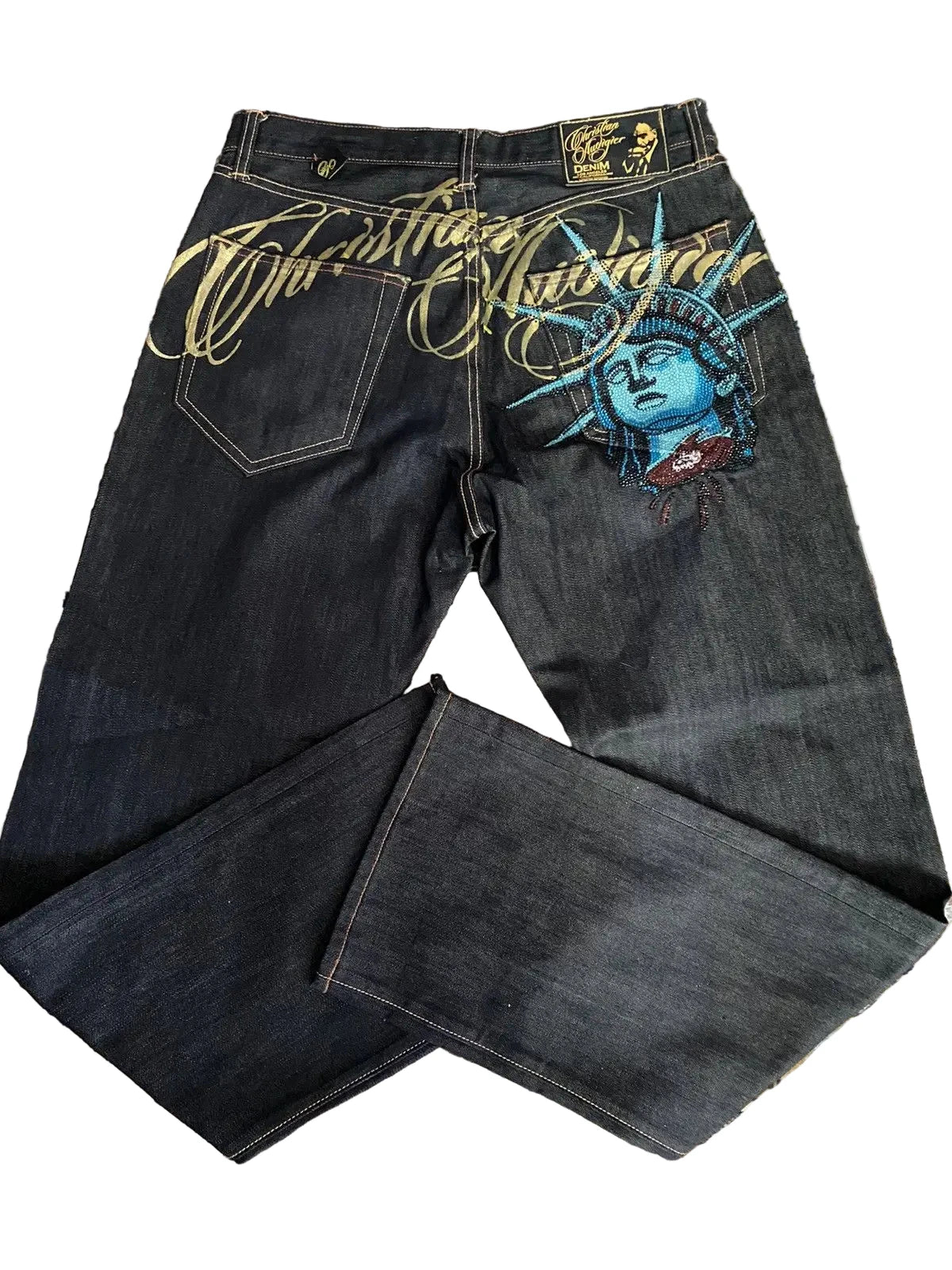 Y2k 2000s Statue of liberty Diamonds Jeans Casual Denim Pants High Waist Straight
