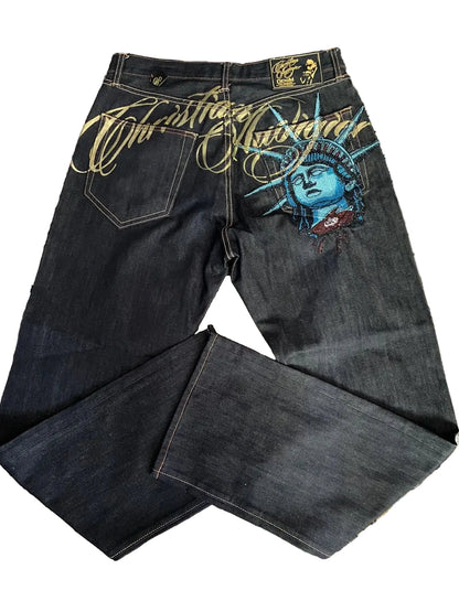 Y2k 2000s Statue of liberty Diamonds Jeans Casual Denim Pants High Waist Straight