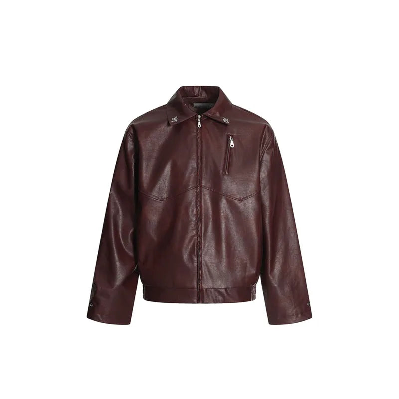 Niche Design PU Leather Jacket Lapel Letter Loose Coat - Man