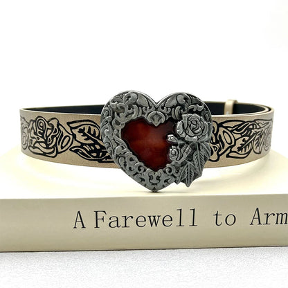Gothic Punk Leather Y2k Belt For Women Metal Red Peach Heart Buckle