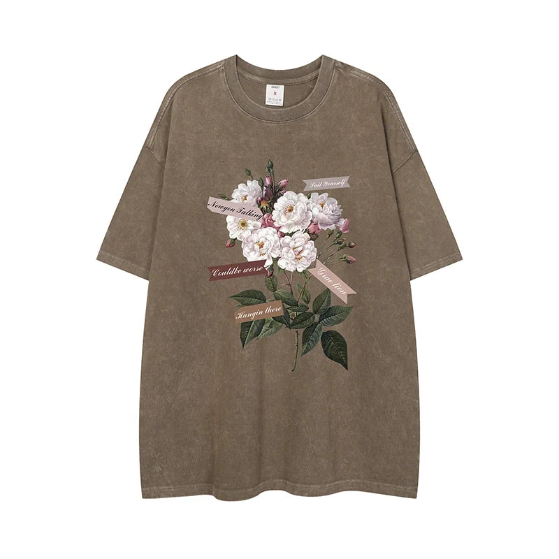 Vintage Flower Graphic T-Shirt – Gothic Men’s Washed Short Sleeve Tee