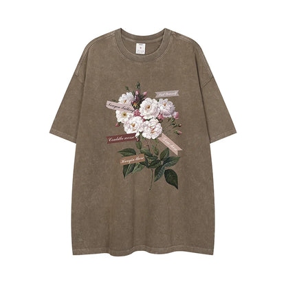 Vintage Flower Graphic T-Shirt – Gothic Men’s Washed Short Sleeve Tee
