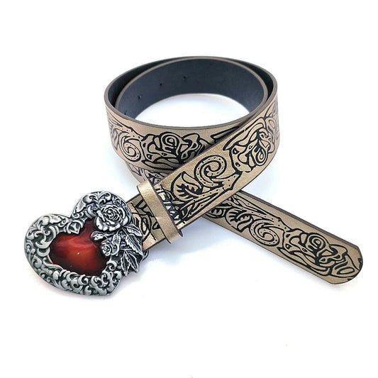 Gothic Punk Leather Y2k Belt For Women Metal Red Peach Heart Buckle