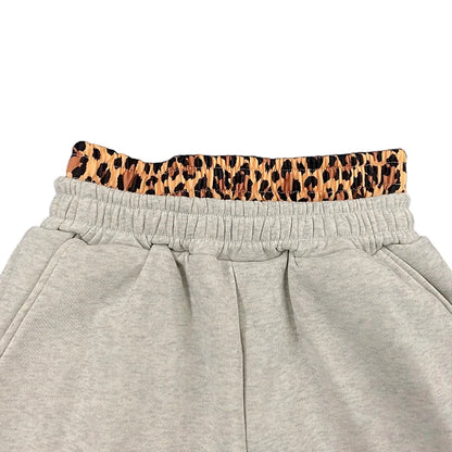 Leopard Print Letter Embroidered Double Waistband Sweatpants