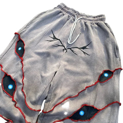 Street Spoof Dark Demon Eye Print Pants & Hoodie Set – Loose Warm Streetwear