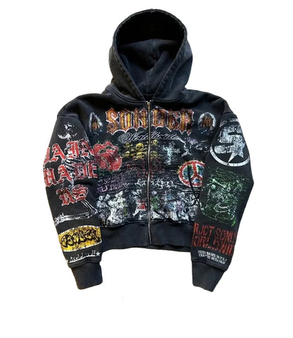 American Retro Skull Zip Hoodie – Gothic Punk Y2K Oversized Streetwear Jacket.