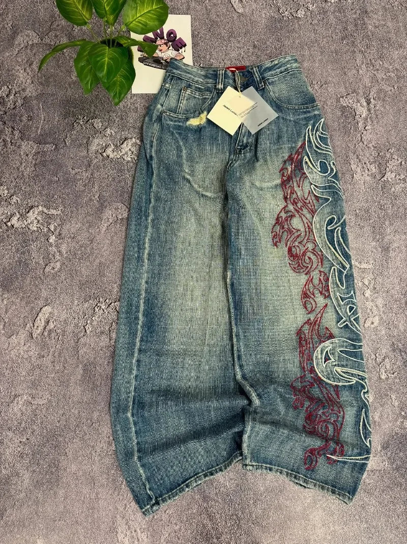 Y2K American Embroidered Baggy Jeans – Men’s Vintage High Street Wide-Leg Pants.
