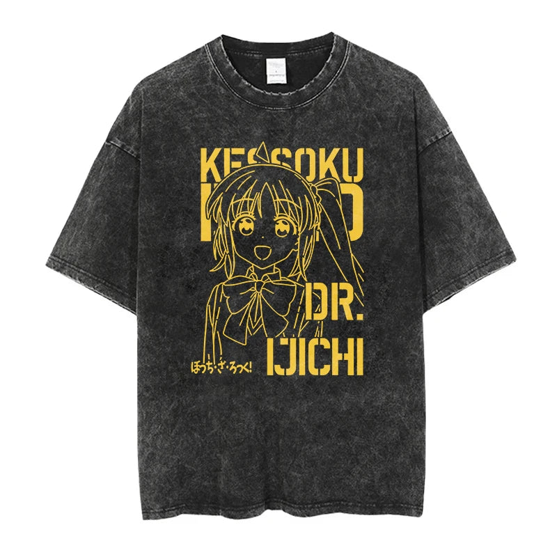 Men’s Oversized Bocchi Club Printed T-Shirt – Anime Music Band Washed Cotton Tee