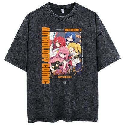 Men’s Oversized Bocchi Club Printed T-Shirt – Anime Music Band Washed Cotton Tee