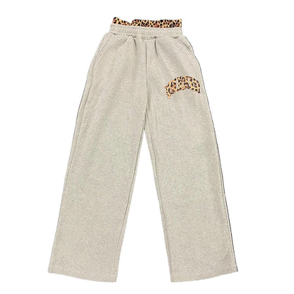 Leopard Print Letter Embroidered Double Waistband Sweatpants