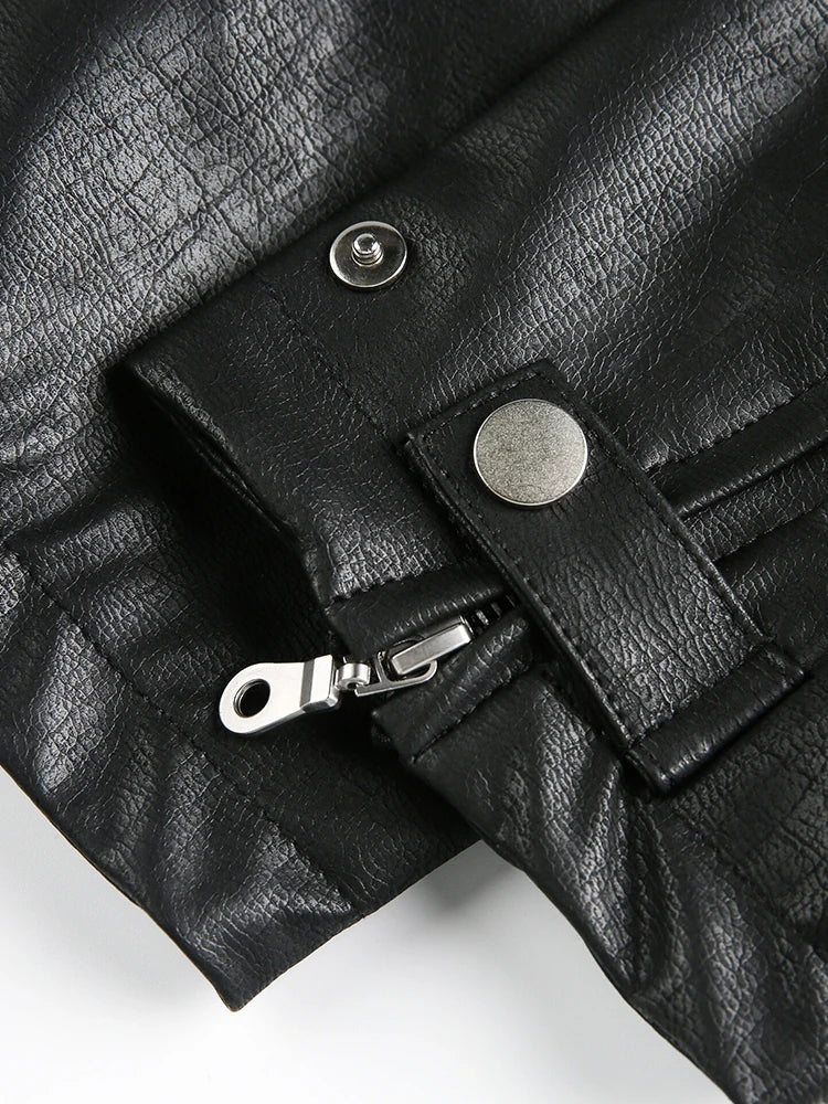 Niche Design PU Leather Jacket Lapel Letter Loose Coat - Man