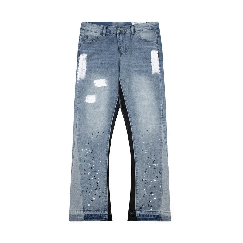 American Retro Washed Letter Spliced Loose Flared Jeans