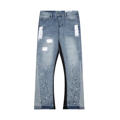 American Retro Washed Letter Spliced Loose Flared Jeans