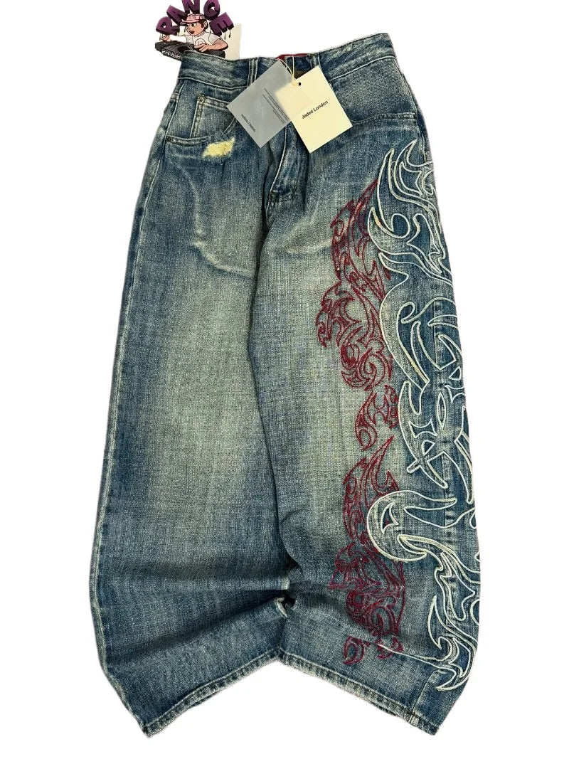 Y2K American Embroidered Baggy Jeans – Men’s Vintage High Street Wide-Leg Pants.