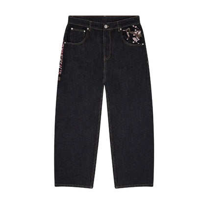Y2K Harajuku Wide-Leg Jeans – Goth Vintage Plum Blossom Embroidery, Men & Women Streetwear Denim