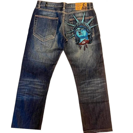 Y2k 2000s Statue of liberty Diamonds Jeans Casual Denim Pants High Waist Straight