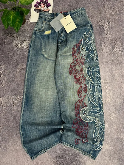 Y2K American Embroidered Baggy Jeans – Men’s Vintage High Street Wide-Leg Pants.