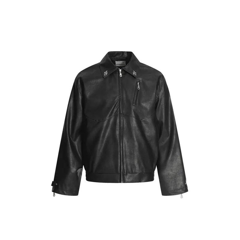 Niche Design PU Leather Jacket Lapel Letter Loose Coat - Man